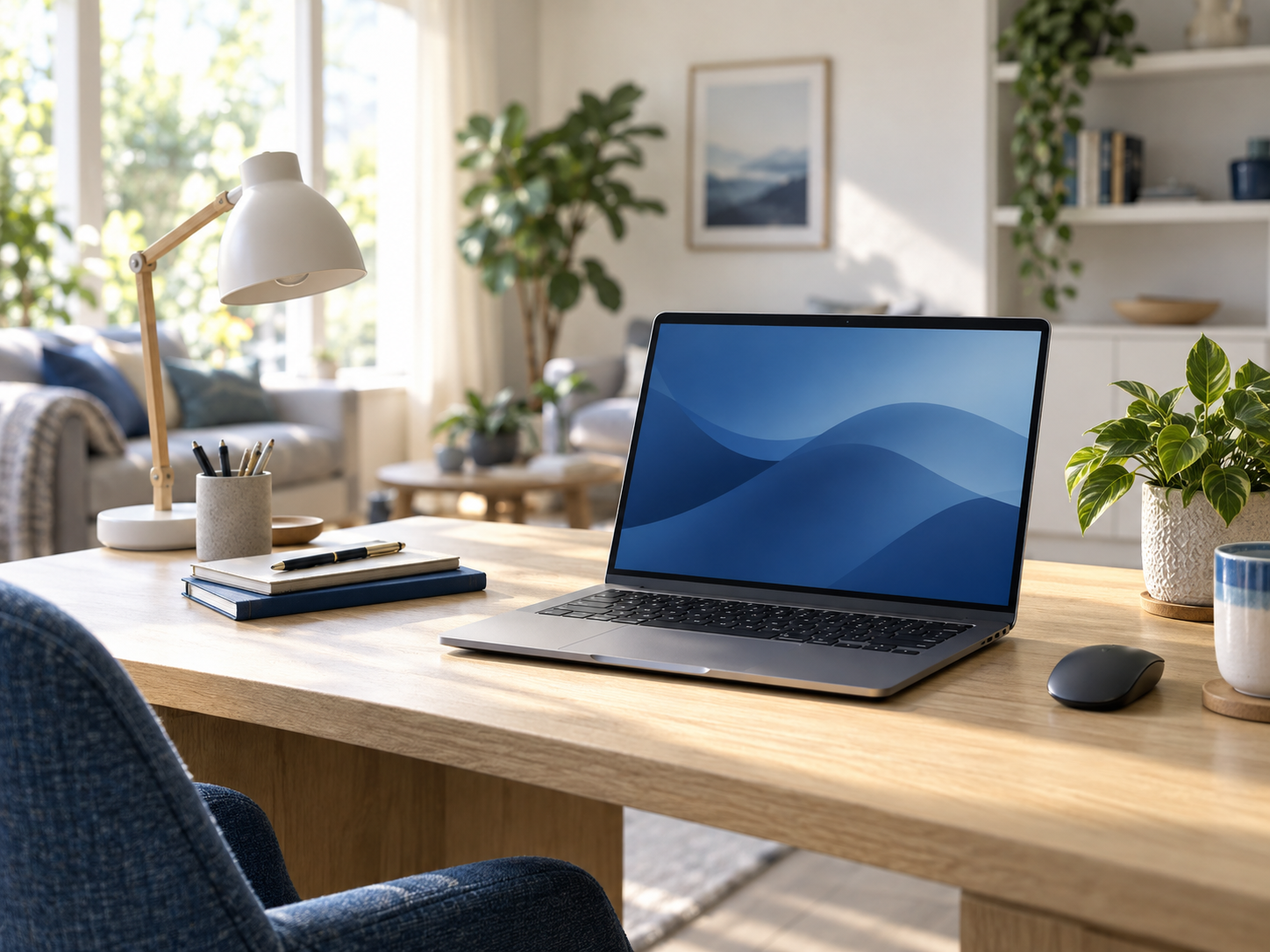 Heller Arbeitsplatz zu Hause mit Laptop